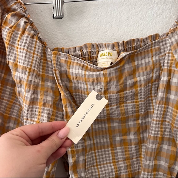 Anthropologie Maeve Tan and Mustard Yellow Plaid Puff Sleeve Top Sz XS NWT - Picture 5 of 6